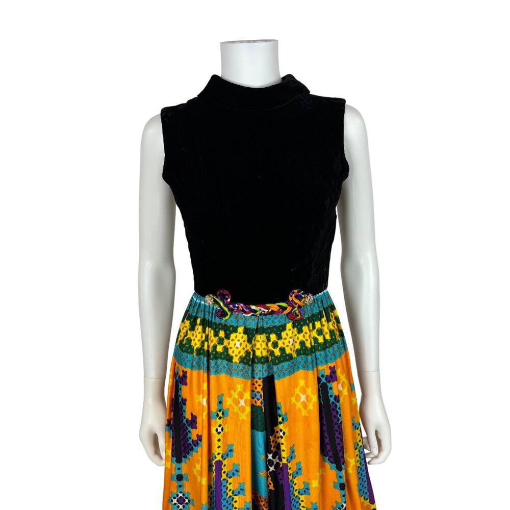 Vintage 60s Jumpsuit Womens XS Multicolored Wide Leg Pants Velvet Hostess Outfit - Picture 3 of 13